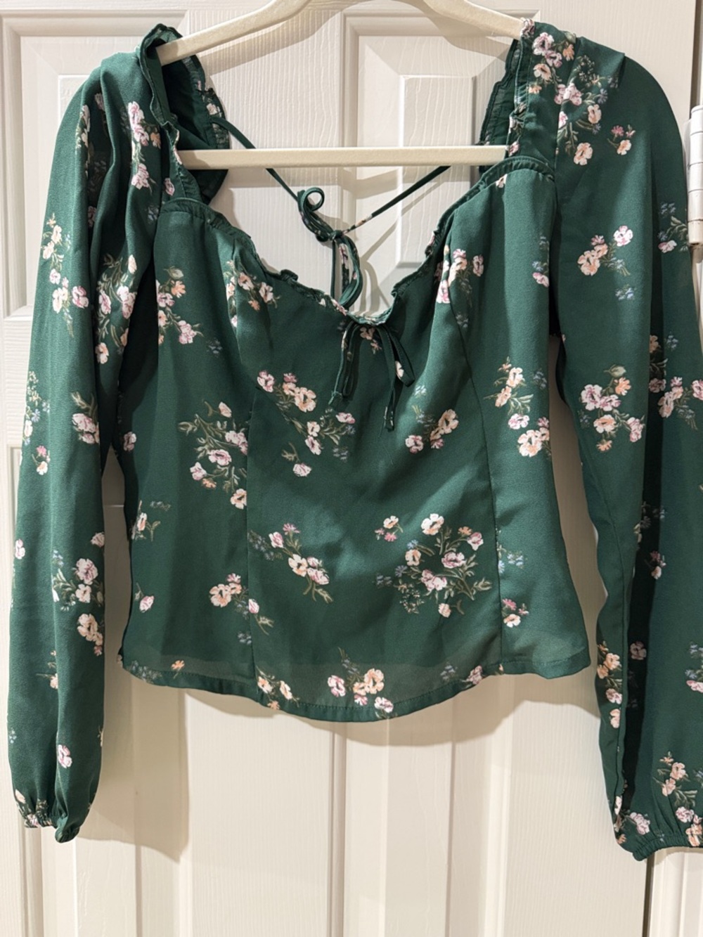 Floral Tie-Front Long Sleeve Top - Green